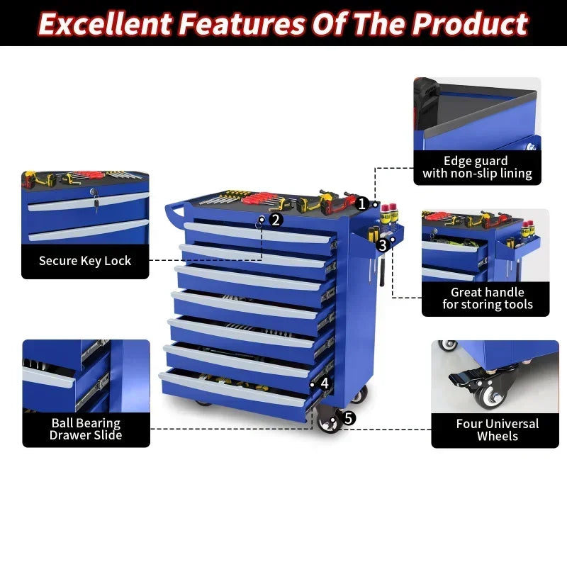 2025 New Blue 7-Layer Metal Toolbox with Key Locking System & Wheels - Durable, Multi-Functional Storage Cart