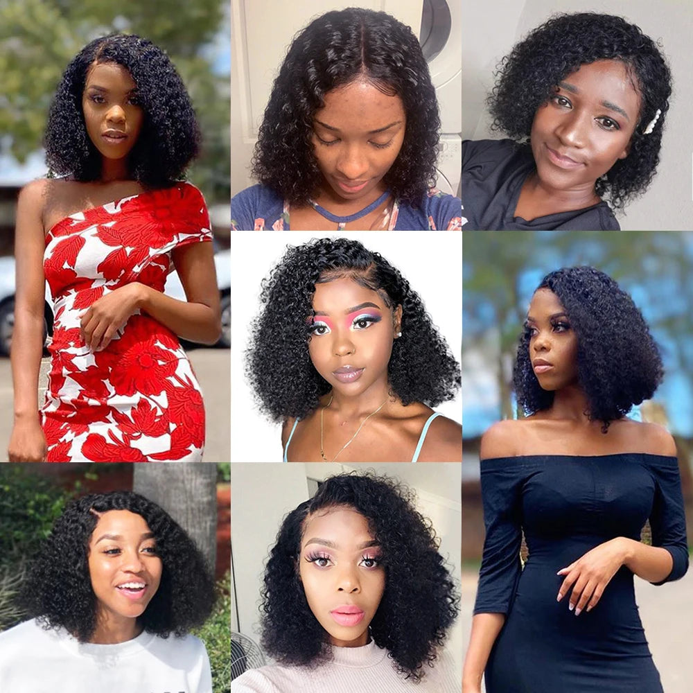 Short 8 to 16 Inch Kinky Curly Bob Human Hair Wig Pre-Plucked T Part Lace Peruvian Curly Human Hair Bob Wigs For Women and Girls
