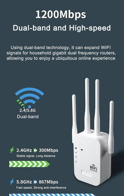 1200Mbps WiFi Repeater Wireless Extender WiFi Booster 5G 2.4G Dual-band Network Amplifier Long Range Signal WiFi Router Home