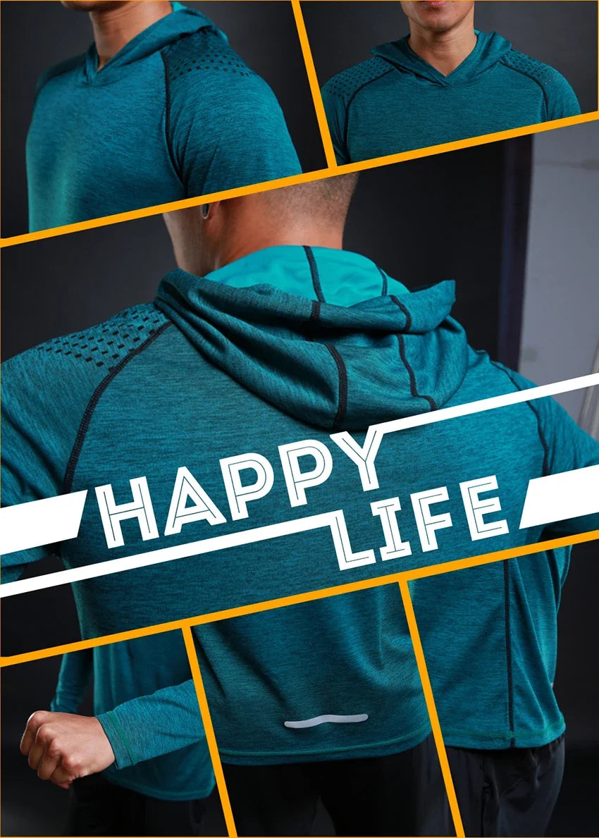 Autumn Gym Men T Shirt Casual Long Sleeve Slim Tops Tees elastic T-shirt Sports Fitness breathable Quick dry Hooded T Shirt