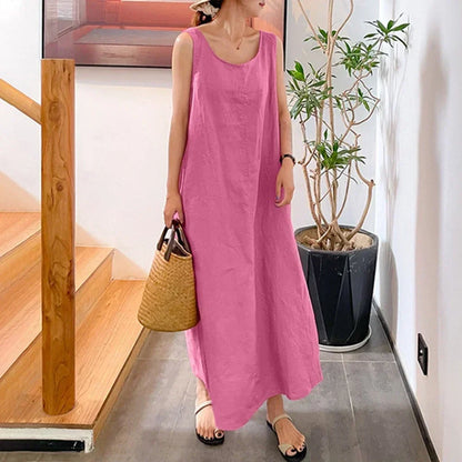 Vestido longo de linho de algodão feminino, saia solta, roupa feminina, moda casual, elegante, verão, tamanhos grandes, 2025