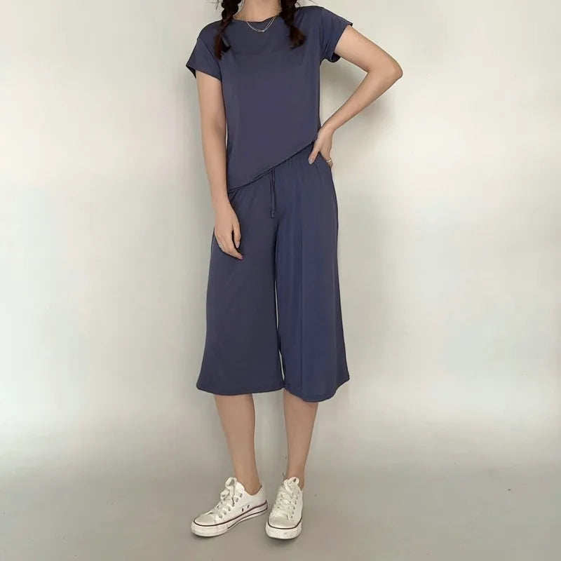 Plus size L to 6XL U-Neck Women's  Modal pant calf-length summer wide leg pants drawstring short pants casual homewear pants