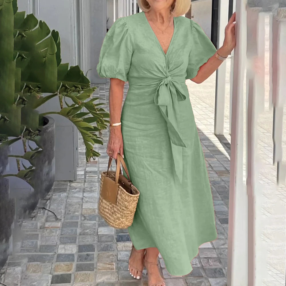 Plus size feminino sólido elegante com decote em v rendas puff manga maxi vestido verão casual praia vestido de verão para senhoras xl 2xl 3xl 4xl 5xl