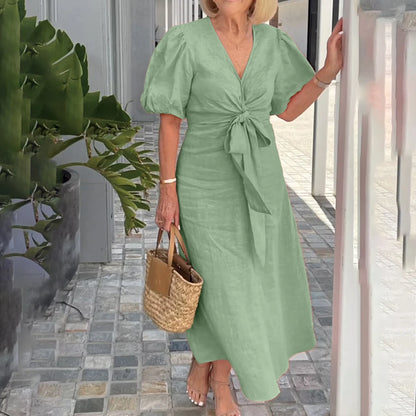 Plus size feminino sólido elegante com decote em v rendas puff manga maxi vestido verão casual praia vestido de verão para senhoras xl 2xl 3xl 4xl 5xl