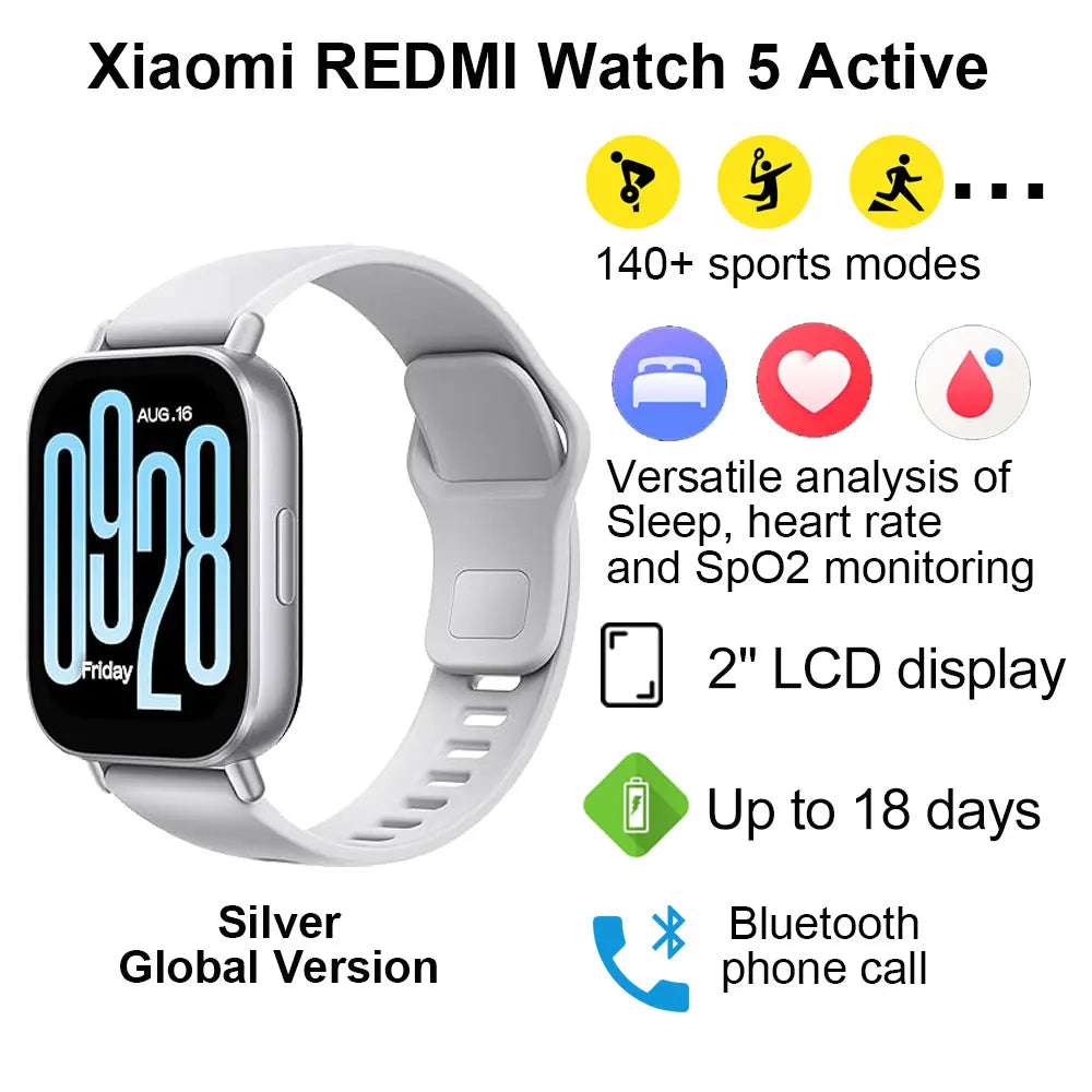 NEW Xiaomi Redmi Watch 5 Active Smart Watch, 2" LCD Display All Day Heart Rate Blood Oxygen Monitoring Bluetooth Call Smartwatch