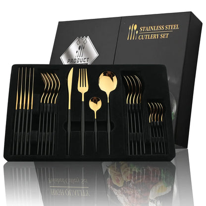 24Pcs Black Handle Golden Cutlery Set Stainless Steel Knife Fork Spoon Tableware Flatware Set Festival Kitchen Dinnerware Gift