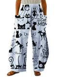 Women's Oversized Casual Pants Loose Fit Cat Letter Pattern Printed With Pockets Fashionable Women's Street Elegant Loose Pants
