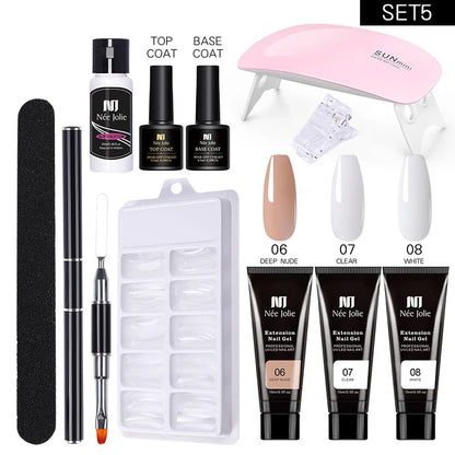 Poly Nail Gel Kit with 6W LED Lamp, All-In-One Set for Manicure, Semi-Permanent Extension Gel and Acrylic French Nails with Tool