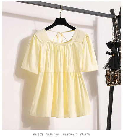 Plus Size Shirts & Blouses Women Summer 2025 New Arrival Korean Fashion Tops Short Puff Sleeve Loose Sweet Blouse Woman L-4XL