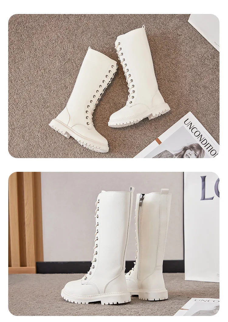Girls Long Boots Children Knee-High Fashion Motorcycle Boots Rubber Soft Platform for Princess Kids High Boots Classic Winter