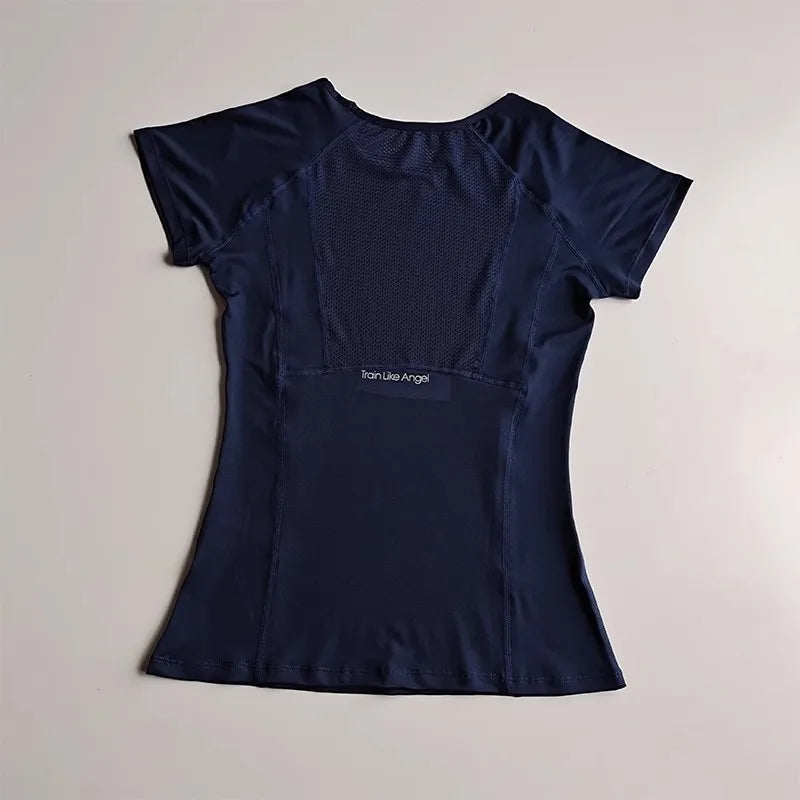 Camisa feminina de manga curta esportiva e fitness, pulôver com gola redonda, camiseta de malha respirável de secagem rápida para ioga e fitness