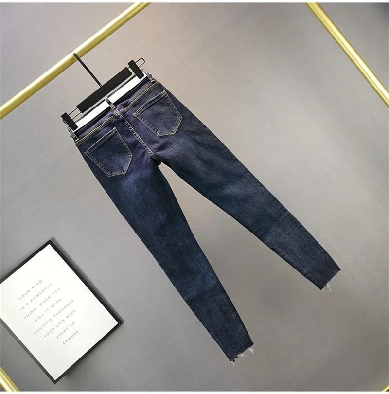 Spring Summer 2024 New Fashion Women's Denim Pants Korean Version Elastic Rhinestone High Waist Skinny Jeans