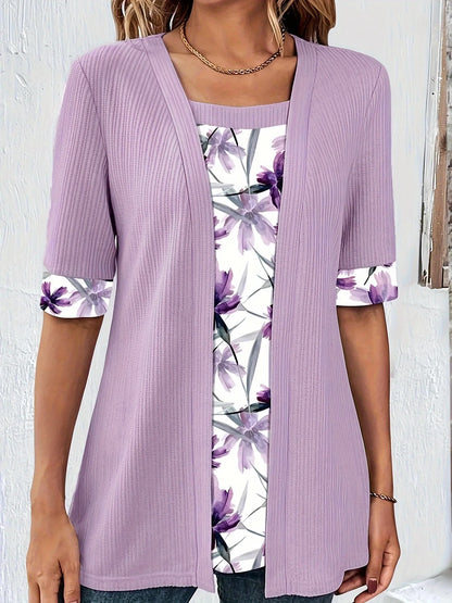 2024 plus size t camisas moda feminina elegante retalhos falso camisas de duas peças verão casual impressão meia manga senhoras soltas topos