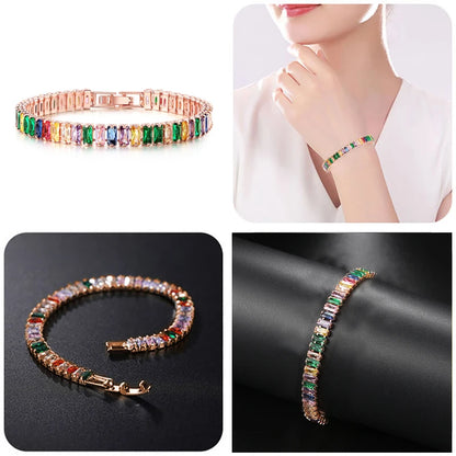 Pulseras de tenis de cristal arcoíris para mujer, color plata Kpop, regalos para amigas, cadena de brazalete de circonitas coloridas, joyería para la mano H167-M