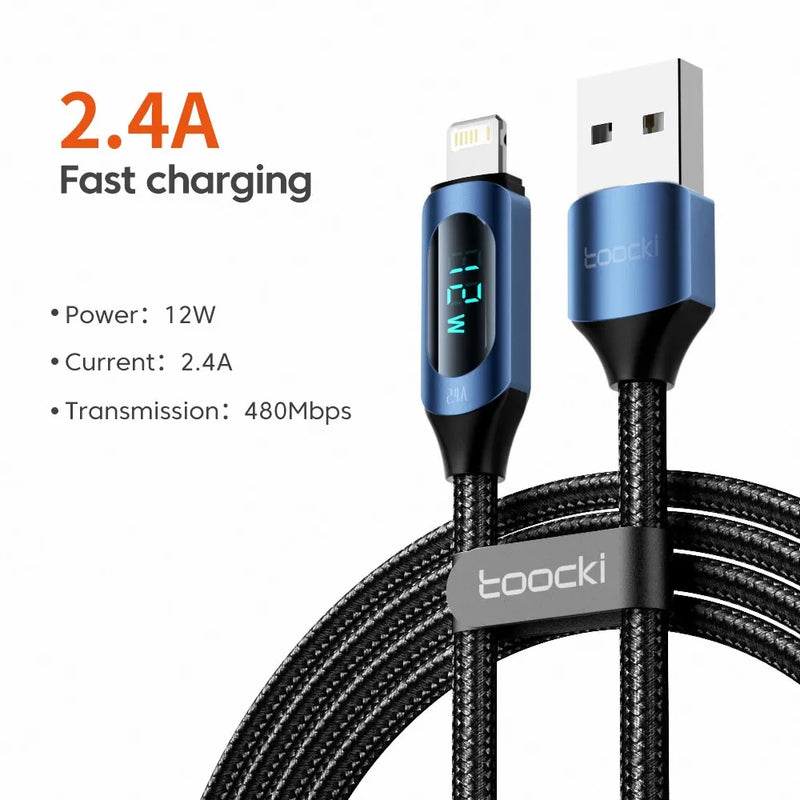 Toocki LED Display USB Cable For iPhone 14 13 12 11 Pro Max Fast Charger Charging Lightning 2.4A USB Wire Cord X XR 8 7 1m 2m
