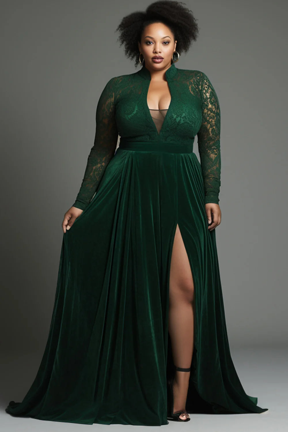 Plus Size Formal Emerald Green V Neck Long Sleeve Split See Through Lace Velvet Maxi Dresses