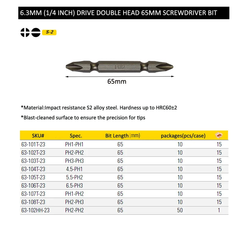 Stanley-Long Precision Parafusadeira Bits, à prova de choques, Phillips, ranhura, PH2, broca de bits, 1/4 bit, HRC60, ± 2 S2, 110mm, 65mm