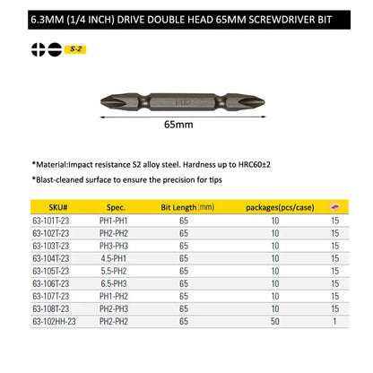 Stanley-Long Precision Parafusadeira Bits, à prova de choques, Phillips, ranhura, PH2, broca de bits, 1/4 bit, HRC60, ± 2 S2, 110mm, 65mm