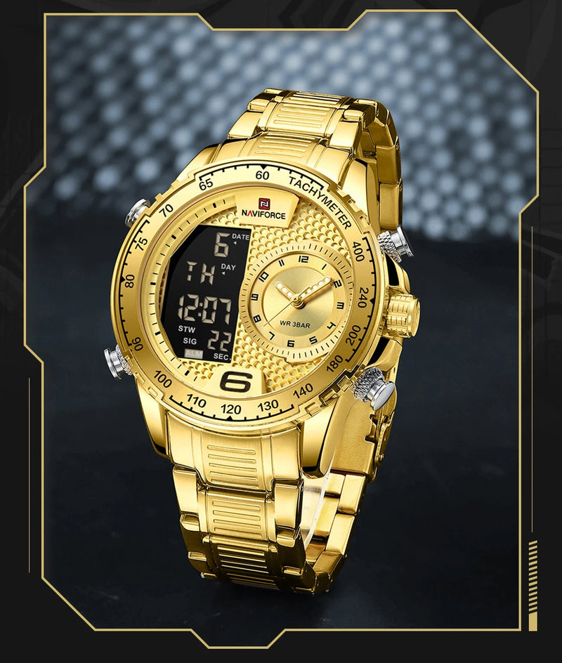 NAVIFORCE Luxury Quartz Watch for Men Honeycomb Dial Design Stainless Steel Wristwatch Dual Display Digital Watches Male Clock