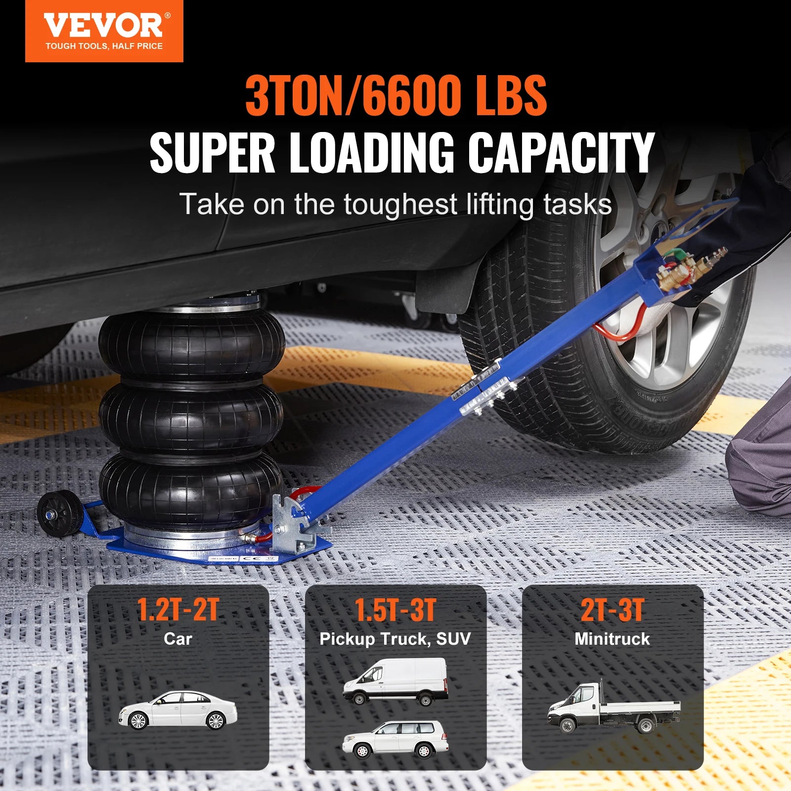 SucceBuy Air Jack 3 Ton Triple Bag Air Jack w/ Six Steel Pipes Pneumatic Jack w/ Adjustable Long Handles for Car Garage Repair