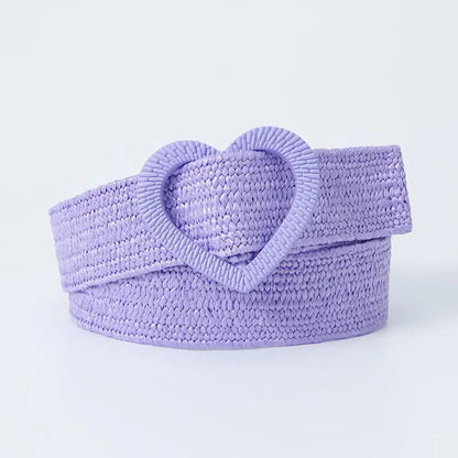 Straw Woven Waist Belt Summer Love Heart Buckle Candy Color Waistband Dress Decoration 4cm Wide Braided Belt