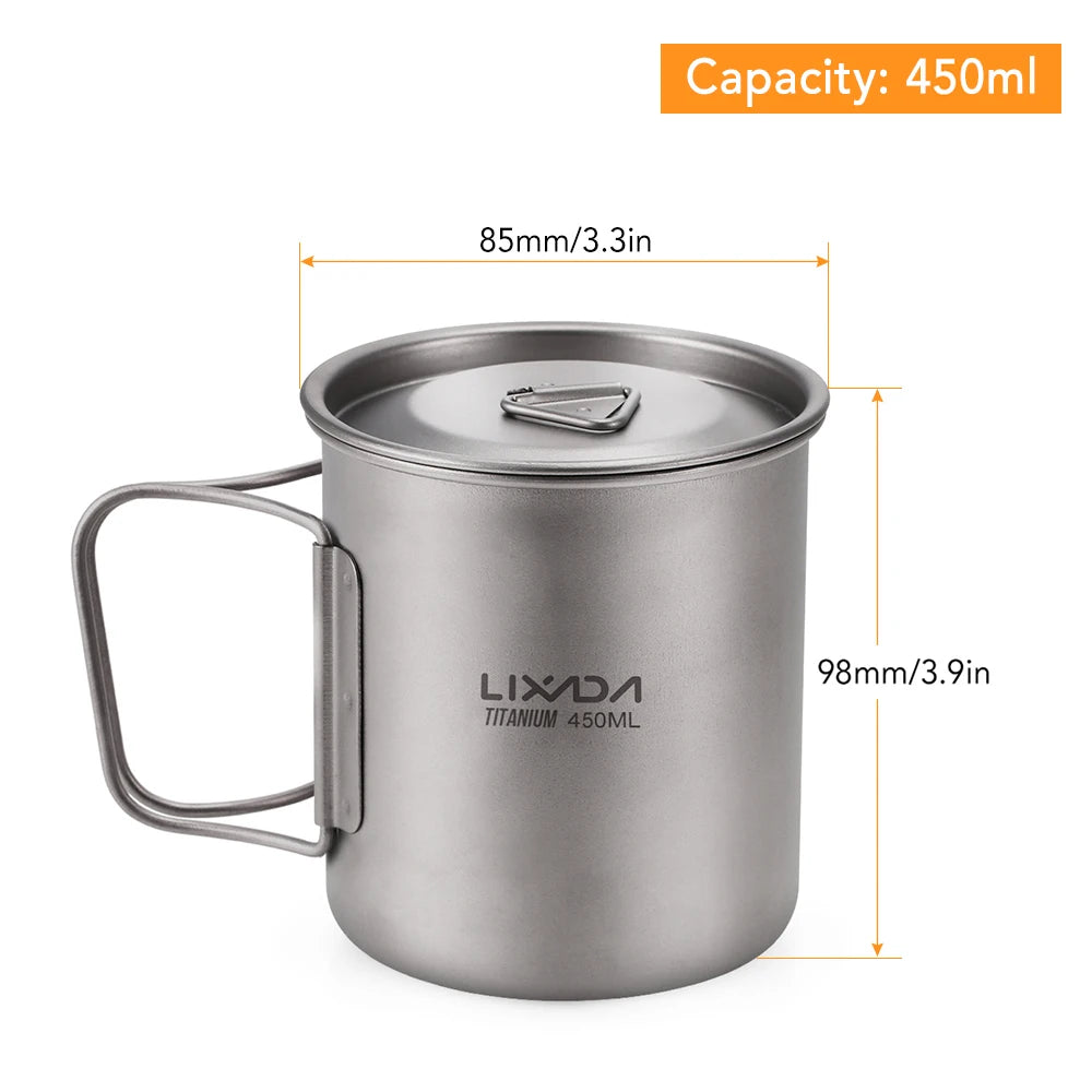 Taza de agua ultraligera de titanio Lixada con asa plegable, portátil para exteriores, camping, picnic, 300 ml/350 ml/550 ml/650 ml