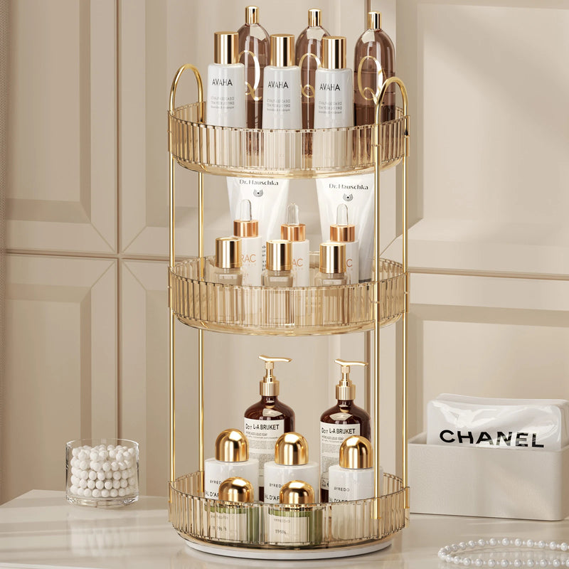 Organizador de maquillaje giratorio para tocador, organizador de 3 niveles para el cuidado de la piel, gran espacio de almacenamiento para encimera de baño, soporte transparente para cosméticos, tocador
