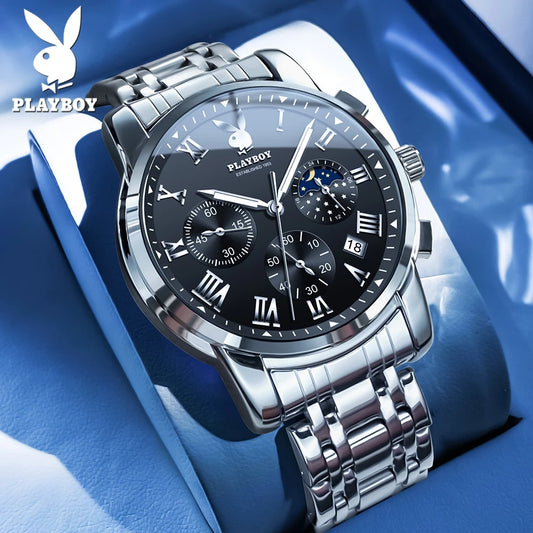 PLAYBOY Best Selling Fashion Luxury Quartz Watch for Men Original Stainless Steel Multifunction Waterproof Men's Wrist Watches