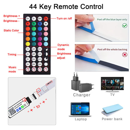 Tira de luces LED RGB con control remoto, lámpara de cinta flexible, sincronización de música, USB, 5 V, para sala de estar, fiesta, TV, mesa, decoración de dormitorio 