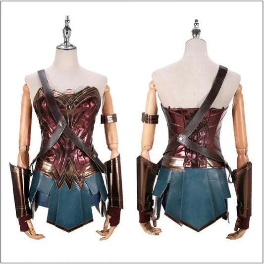 Anime Wonder Cos Dress Diana Cosplay Costume Adult Brown Top Faux Leather Corset Shorts +Girl Accessories Halloween Outfit