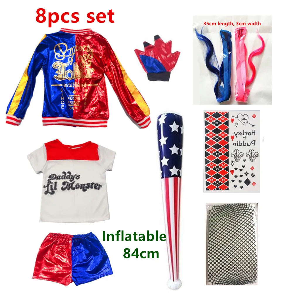 Harley Quinn Cosplay Suicide Squad Harleen Quinzel Kids Girls T-Shirt Joker Jacket Halloween Costume
