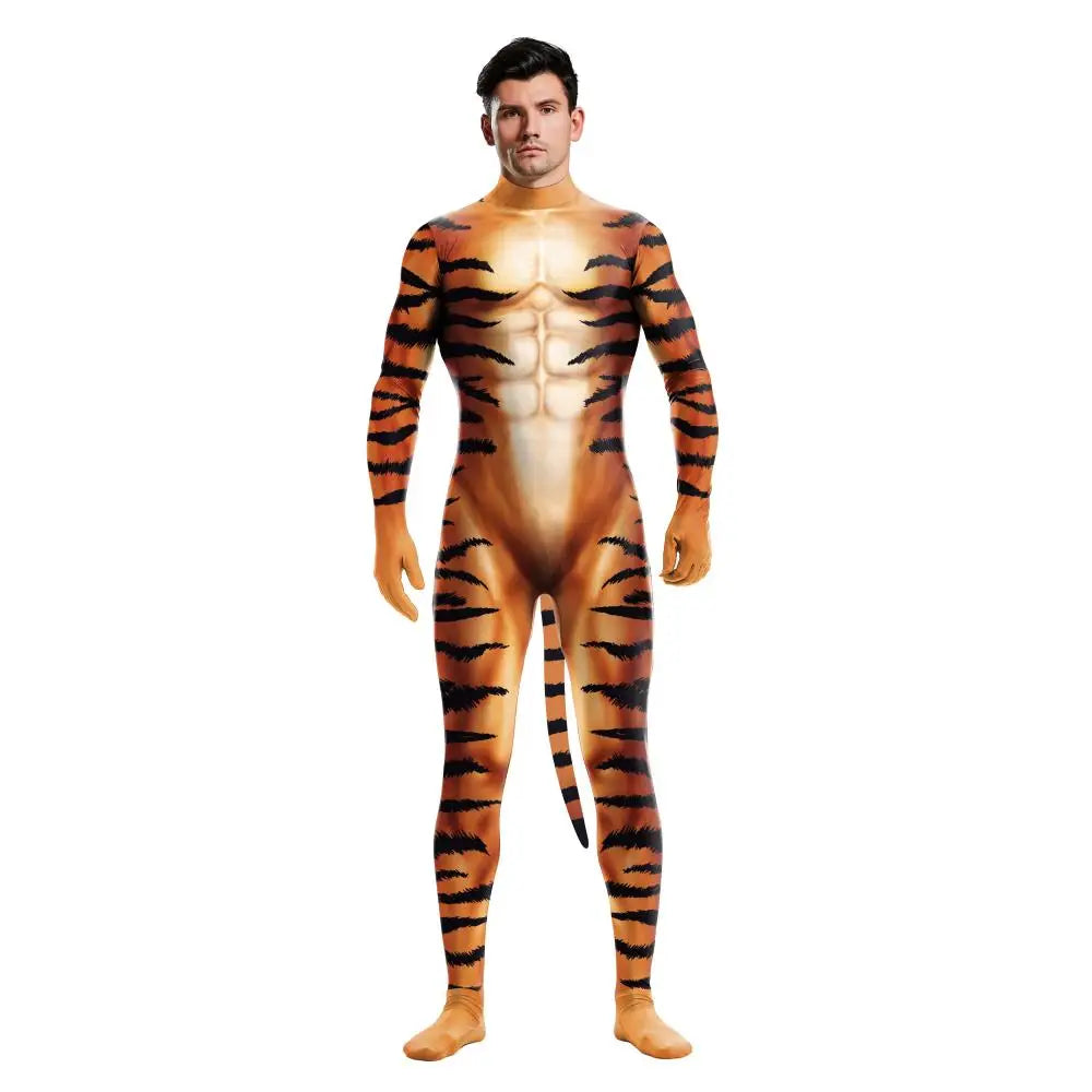 Zawaland Tiger Leopard Cheetah Petsuit for Men Animal Disguise Costume Crotch Zipper Zentai Halloween Carnival Full Bodysuits
