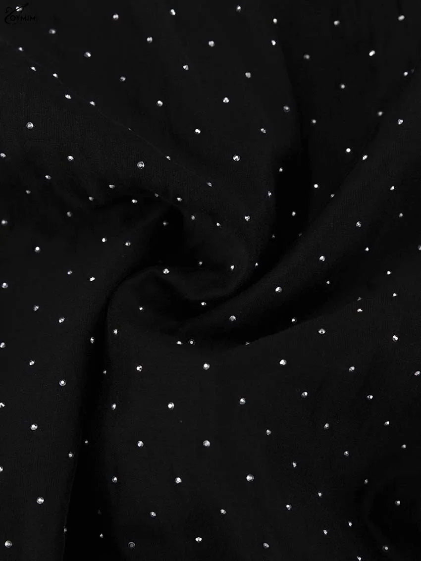 Oymimi Fashion Black Rhinestone Women's Dress Casual Lapel Long Sleeve Button Dresses Elegant New Lace-Up Pleated Mini Dresses