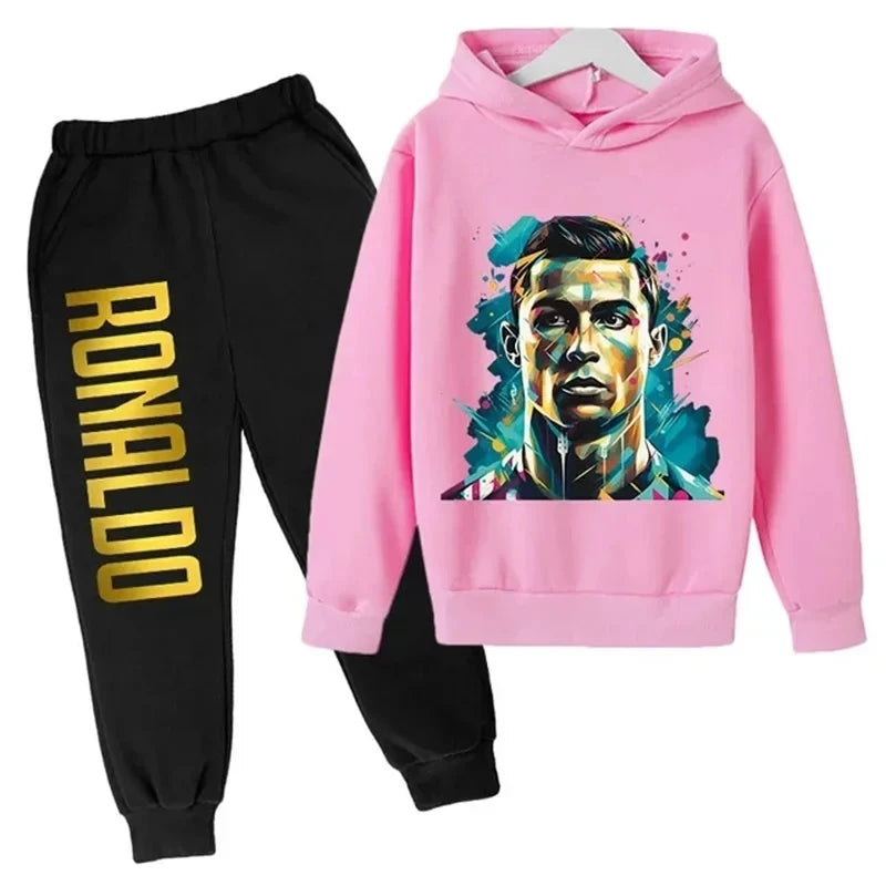 Autumn and winter Ronaldo creative printed children's hoodie set autumn and winter warm fleece hooded pants two-piece set sports