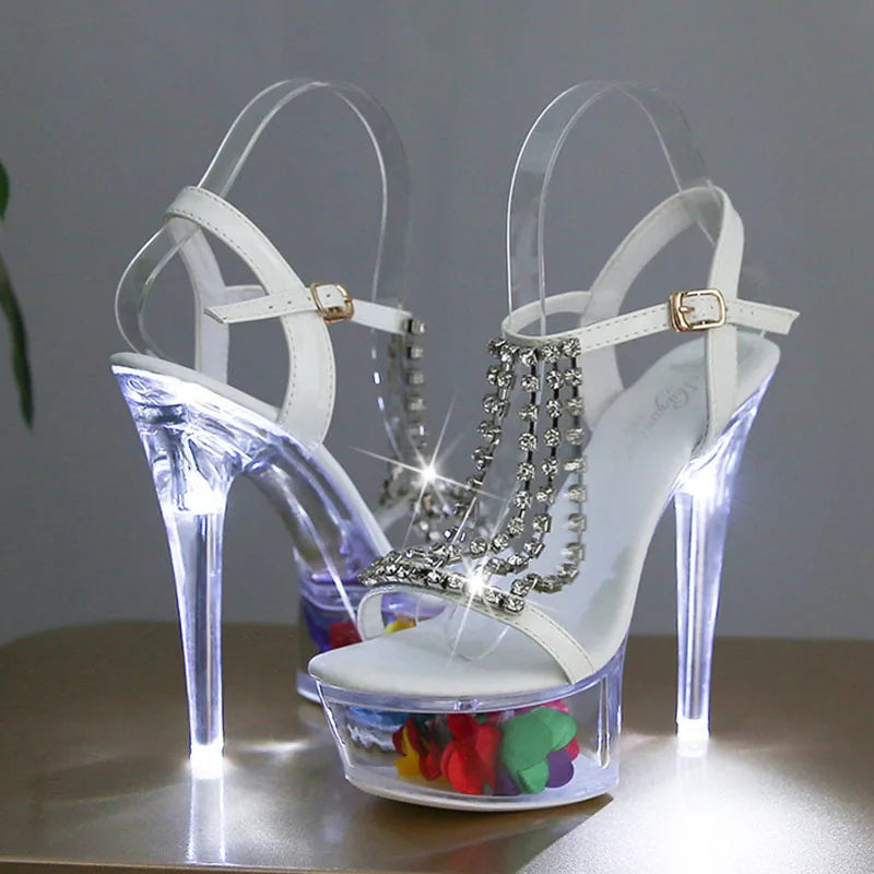 LTARTA Women's Shoes Stiletto Nightclub 15cm  High Heels Rhinestone Sandals Flower Root Crystal Sole 190 Series 5cm Platform LFD