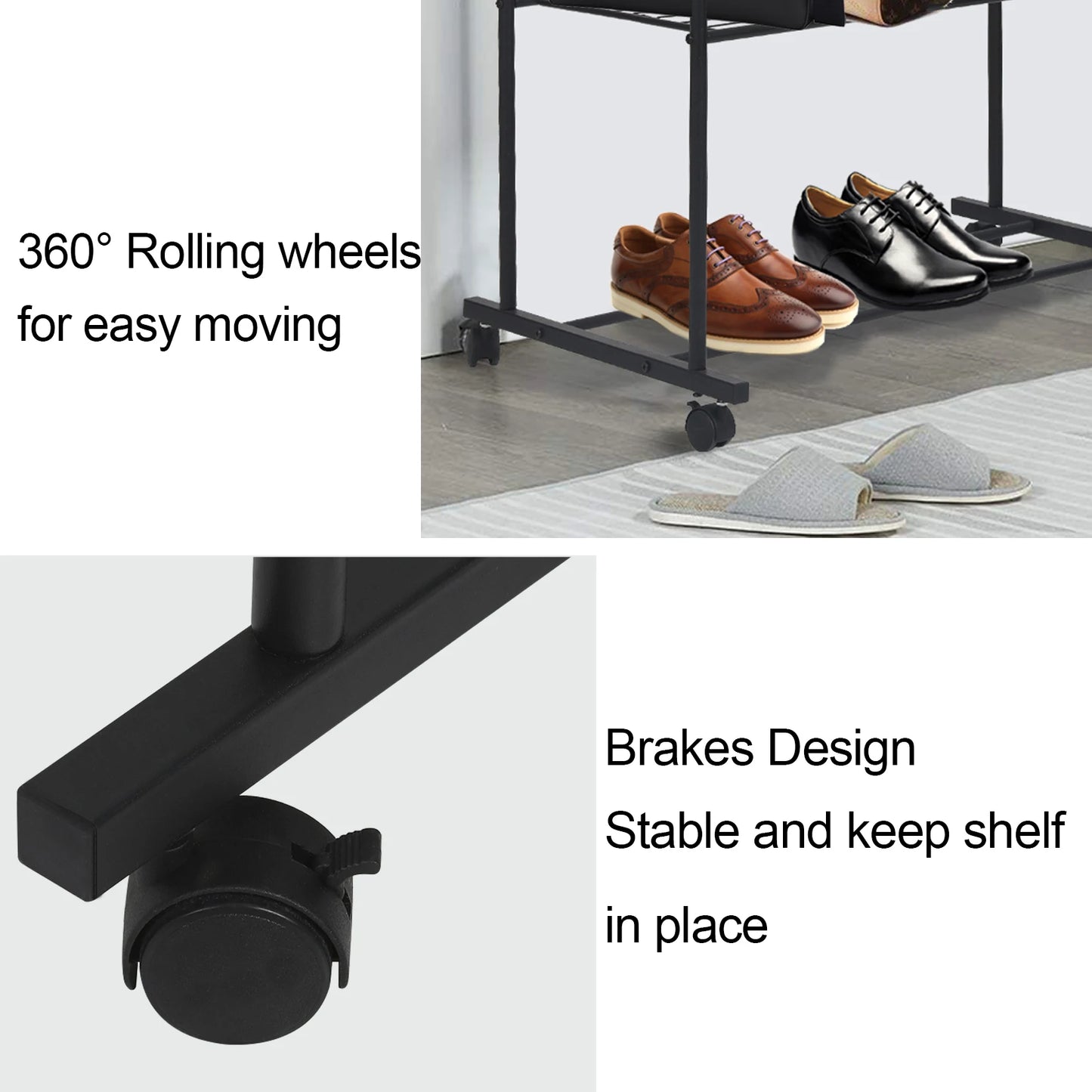 Rolling Clothes Rail Rack Garment Cloth Hanging Rack with 2 Tier Storage Shelves