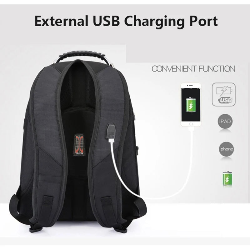 Swiss-Multifunction Bags Mochila duradera para portátil de 17 pulgadas, bolsa de viaje, mochila universitaria, puerto de carga USB, resistente al agua