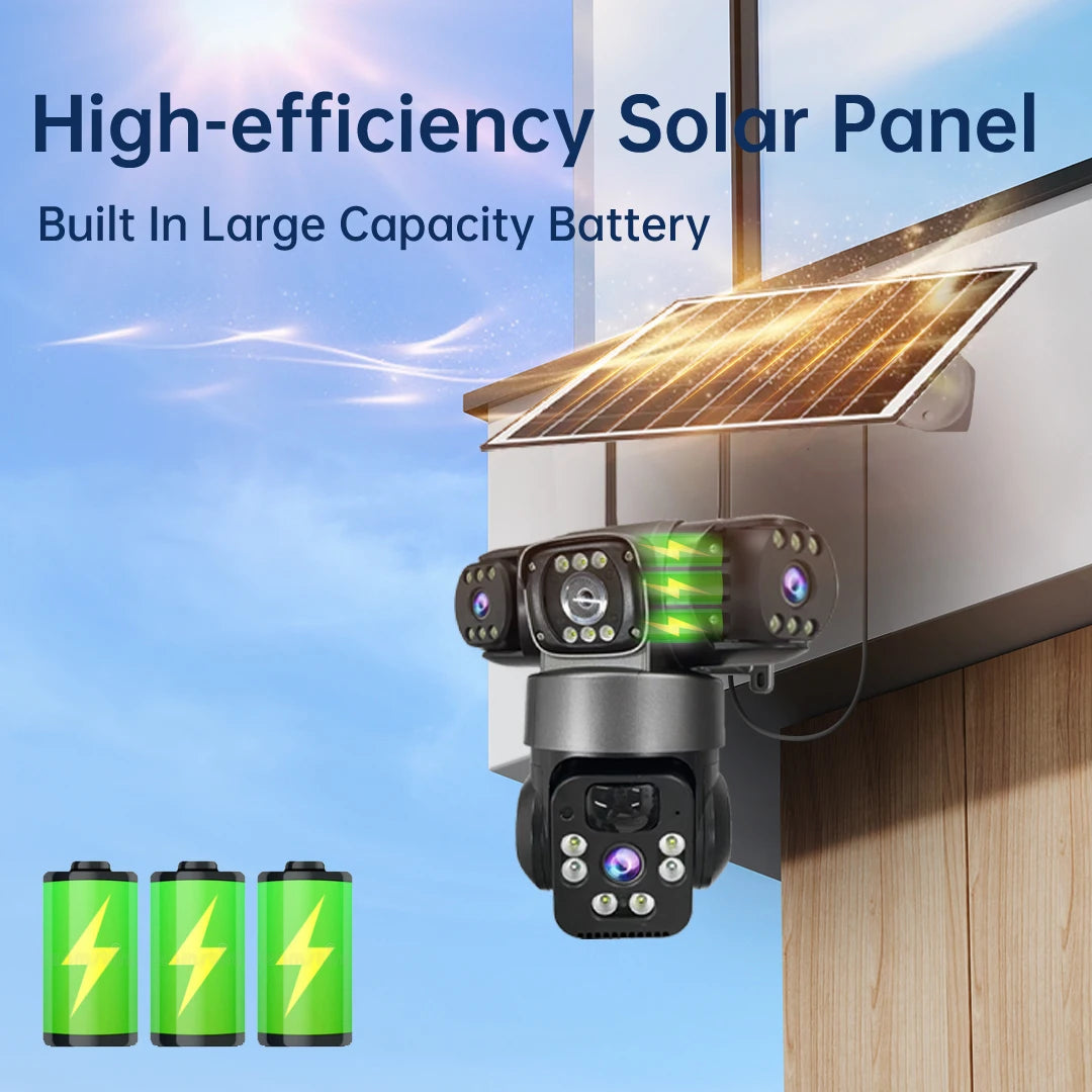 12MP 6K 3 Lens 3 Screen 4G Outdoor Solar Camera Wireless WiFi IP Cameras PIR Auto Tracking Solar Security CCTV Surveillance Cam
