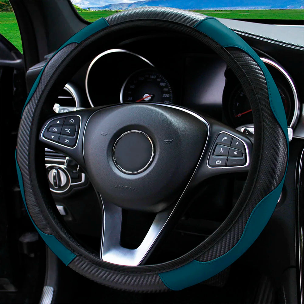 PU Carbon Fiber Leather Car Steering Wheel Cover without Inner Ring Suitable for 14.5-15 Inches Auto Supplies