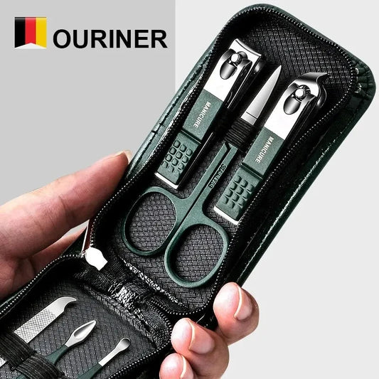 Ouriner - Juego de manicura y pedicura portátil (6-18 piezas), cortaúñas negro brillante, herramientas de cuidado personal, tijeras para cejas
