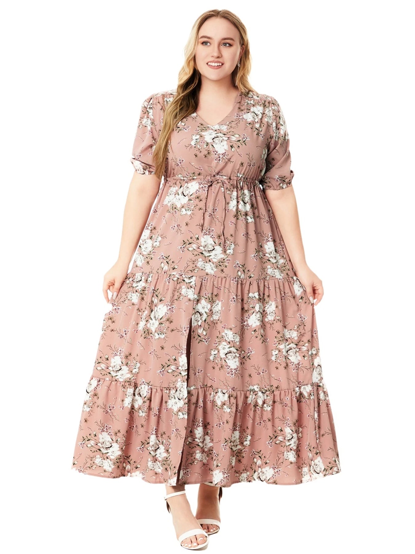 Vestido longo estampado floral para mulheres, tamanho grande, meia manga, bainha dividida, maxi, pescoço em v