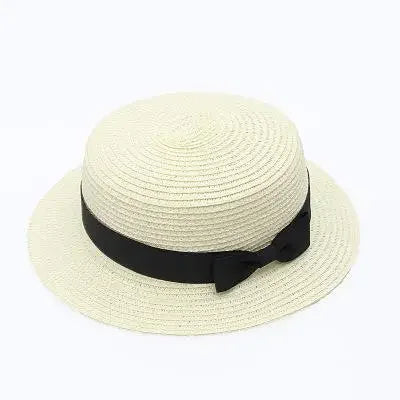 COKPanama Simple Summer Beach Sun Protection Bowknot French-Style Small Hat, Women's Casual Flat-Brimmed Straw Hat with Bow