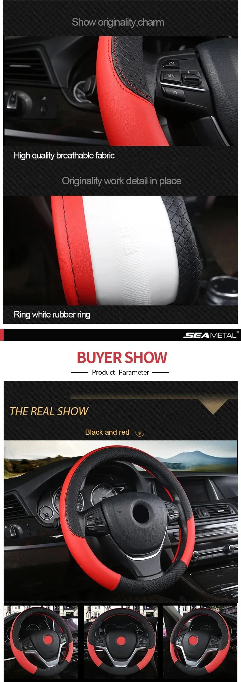 38cm Steering Wheel Cover PU Leather Anti Slip Steer Wheel Protector Breathable Fiber Braid Universal Steering Cover