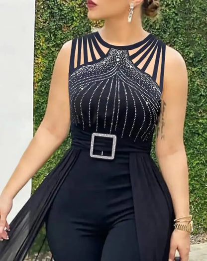Mono de mujer 2024 verano sencillo sin mangas cuello redondo diamantes de imitación moda sexy malla transparente mono informal para uso diario