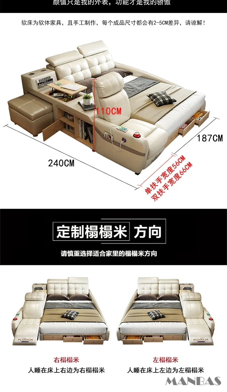 MINGDIBAO Massage Bed with Ultimate Comfort and Genuine Leather Multifunctional Frame - Bluetooth Speaker, Safe Air Cleaner, USB