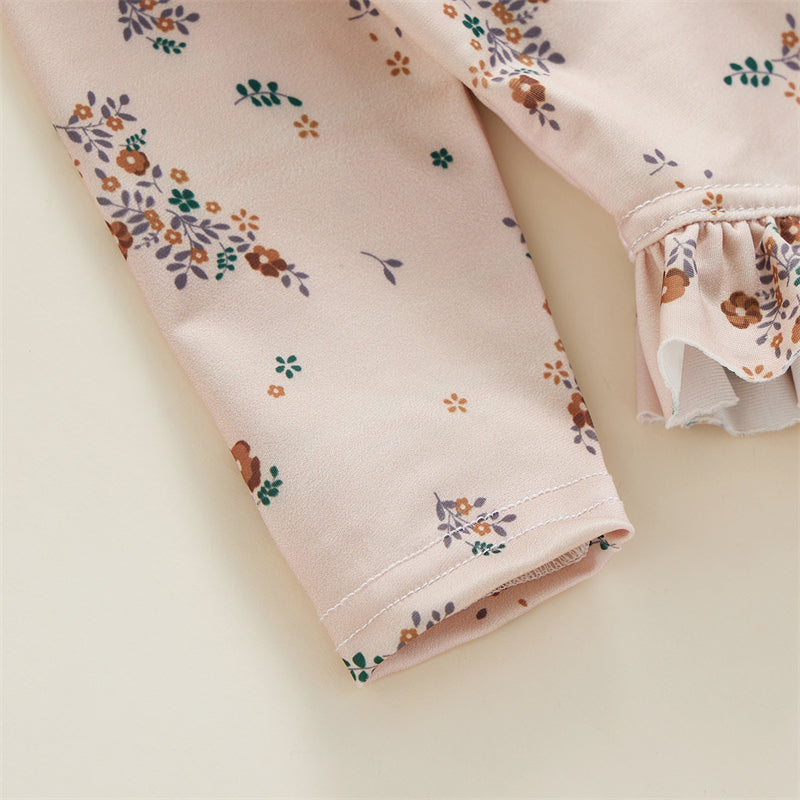 Kids Baby Girl Summer Swimwear Floral Print Backless Ruffles Long Sleeve Bodysuit Bathing Suit Girls Beachwear 0-4 Years