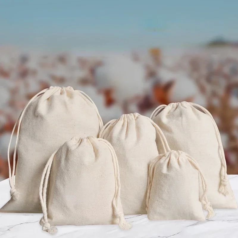 Travel Drawstring Cotton Linen Storage Bags Multiple Sizes Beige Coin Money Pouch ID Credit Cards Gifts Jewellery Organizer Bags