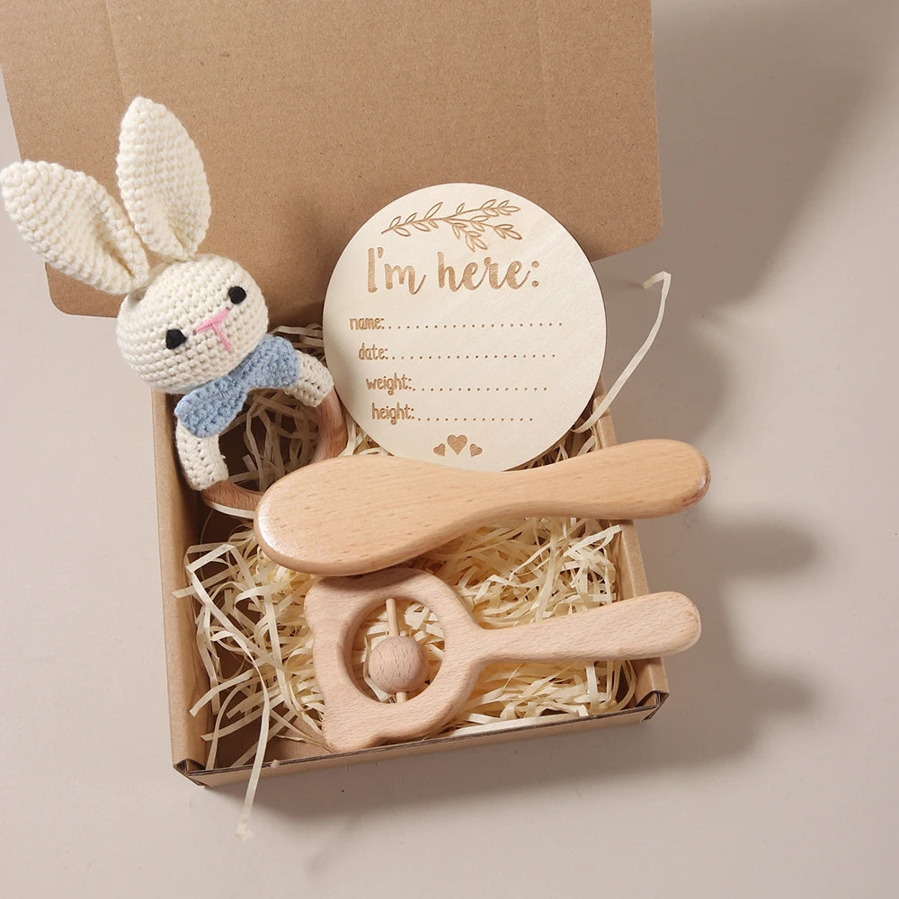 3-4 pcs baby comb brush set newborn gift set Natural Wool beech  baby crochet bunny rattle baby shower gift