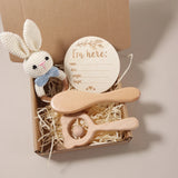 3-4 pcs baby comb brush set newborn gift set Natural Wool beech  baby crochet bunny rattle baby shower gift
