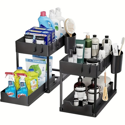 2 Tier Under Sink Organizer Sliding Cabinet Basket Organizer Storage Rack with Hooks Hanging Cup Bathroom Kitchen Organizer